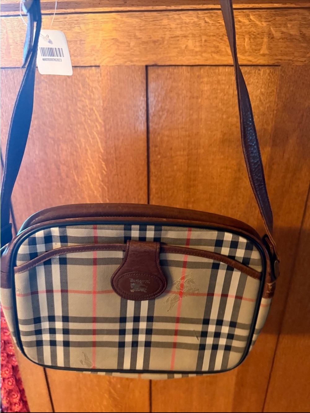 Burberry Tan/Beige Check Messenger Bag with Brown Leather Trim